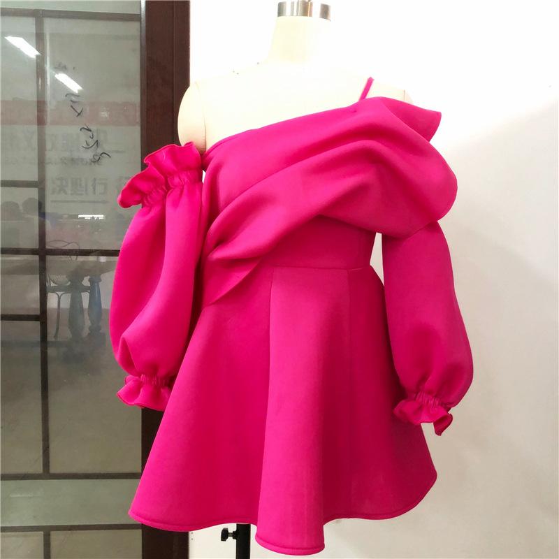 Pink Lantern Sleeve Ruffle Off-shoulder Party Dress