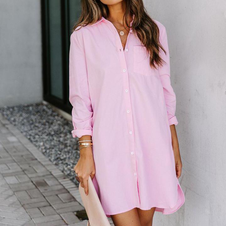 Pink Long Sleeve Stand Collar Business Casual Shirt Dress