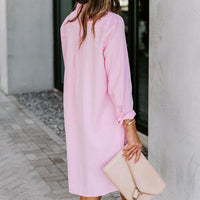 Pink Long Sleeve Stand Collar Business Casual Shirt Dress