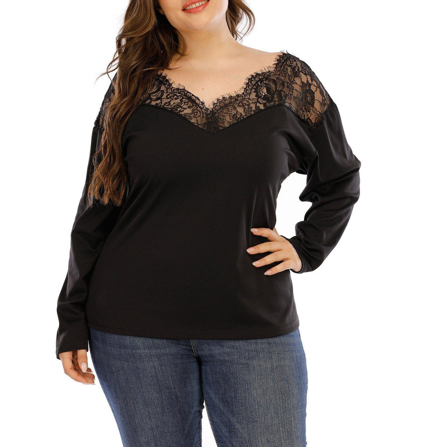 Plus Size Casual Daily V-Neck Lace Blouse