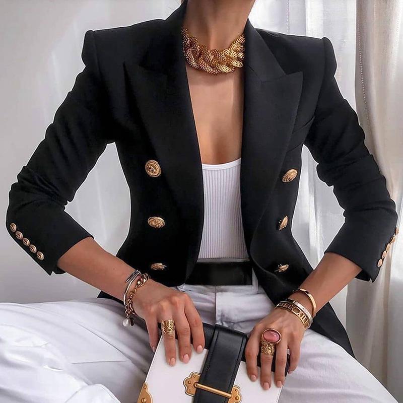 Plus Size Formal Double Breasted Lapel Collar Buckle Sleeves Blazer