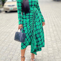 Plus Size Green Long Sleeves Plaid Ruffled Drawstring Midi Dress