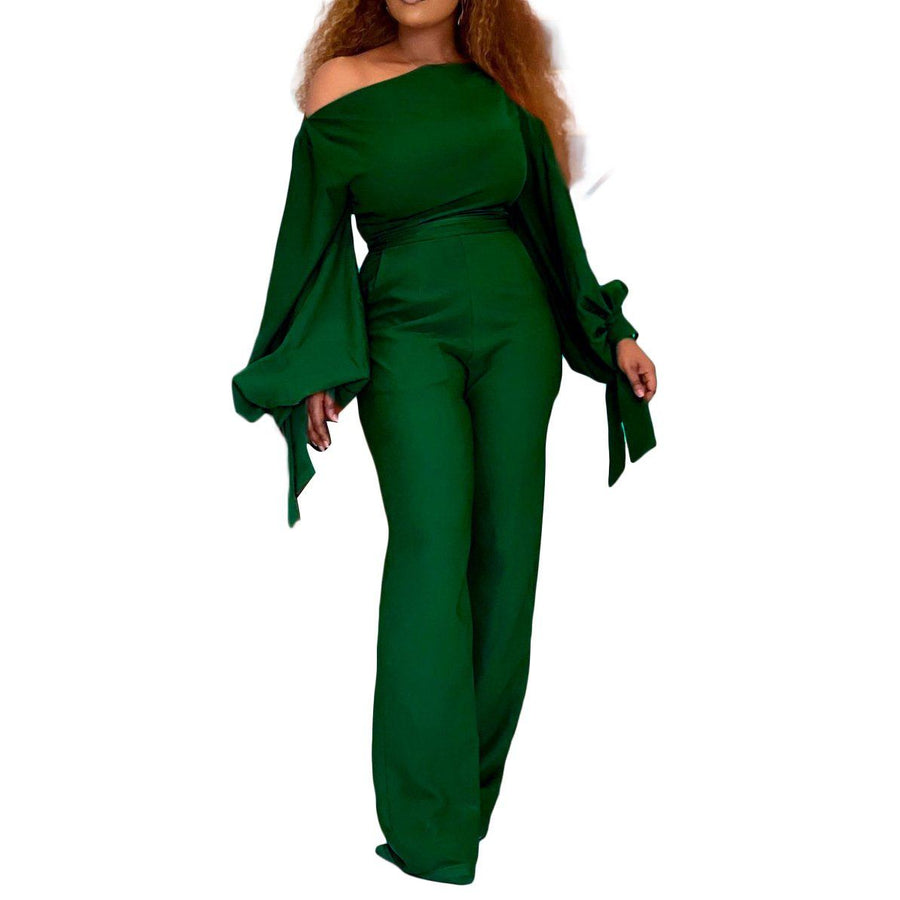 Plus Size Green Solid Color One Shoulder Long Flared Sleeves Women Jumpsuits