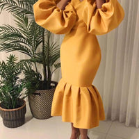 Plus Size Long Puff Sleeves Solid Color V-Neck Ruffled Dress