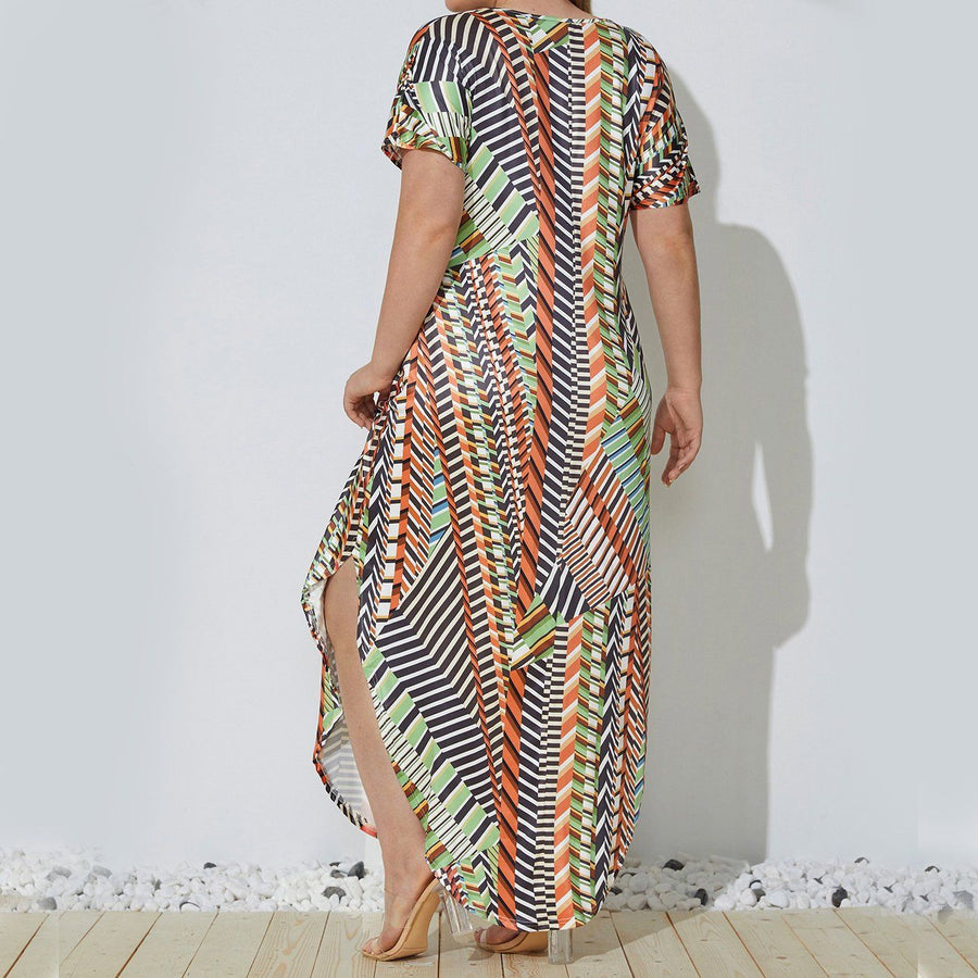 Plus Size Round Neck Geometric Printed Asymmetric Maxi Dresses