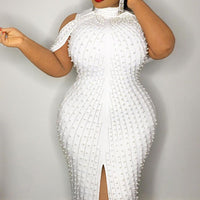 Plus Size White Pearl Cold Shoulder Dress