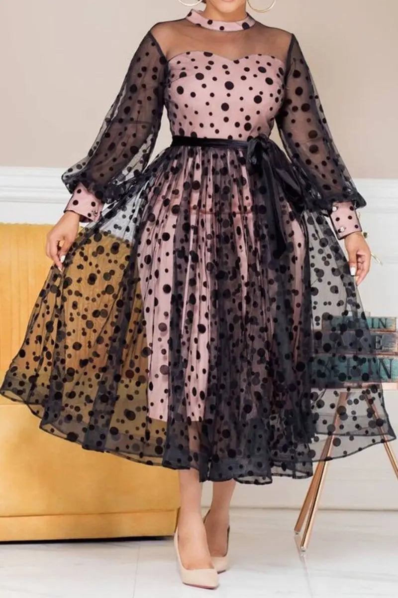 Polka dot perspective mesh stitching temperament dress