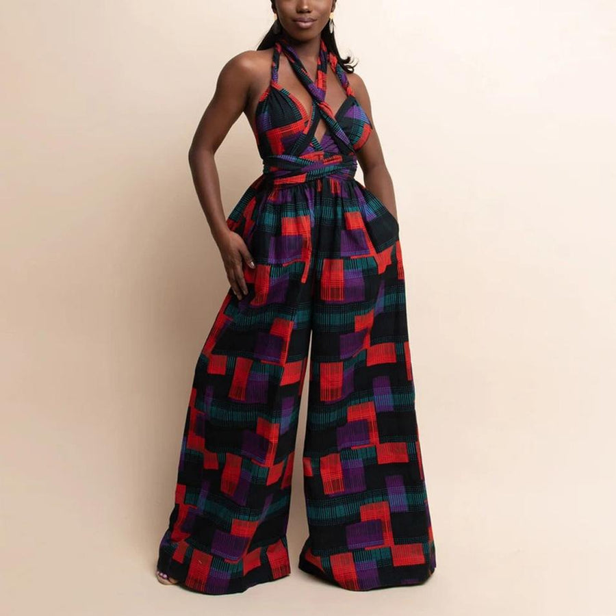 Color Block Printed Halter Hollowed-Out Backless Jumpsuit