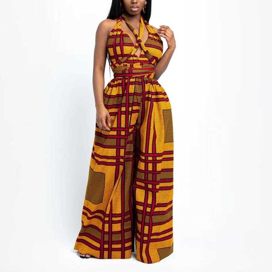 Color Block Printed Halter Hollowed-Out Backless Jumpsuit