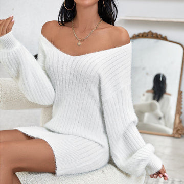Deep-V Lantern Sleeve Fluffy Sweater Dress