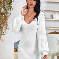 Deep-V Lantern Sleeve Fluffy Sweater Dress