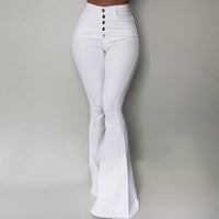Stylish White High Waist Buckle Long Flared Pants