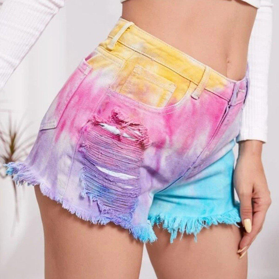 Tie-Dyed Hollow-Out Tassel Fashion Denim Shorts