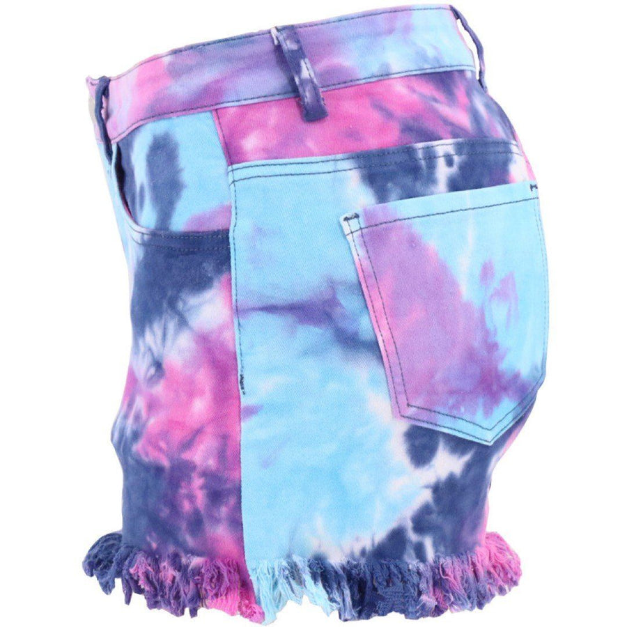 Tie-Dyed Hollow-Out Tassel Fashion Denim Shorts