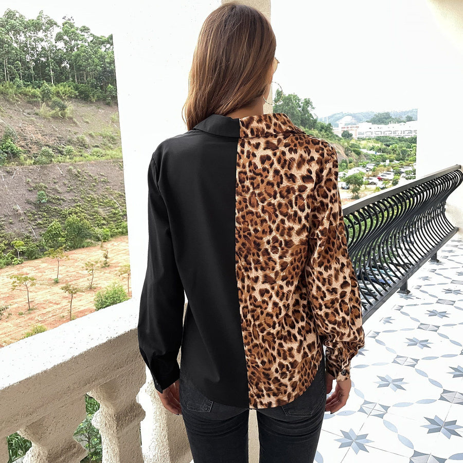 Trendy Leopard Pattern Patchwork Front Buckle Shirt