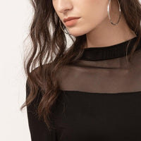 Trendy See-Through Long Sleeves Solid Black Top