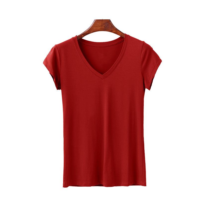 V-Neck Basic Cap Sleeve Solid Color T-Shirt