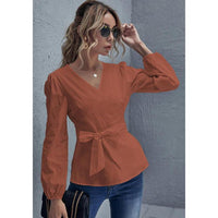 V-Neck Bowknot Solid Color Long Sleeve Top