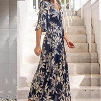 V-Neck Classic Elegant Short Sleeve Print Maxi Dress