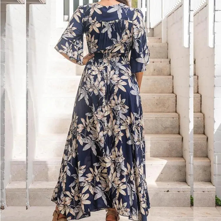 V-Neck Classic Elegant Short Sleeve Print Maxi Dress