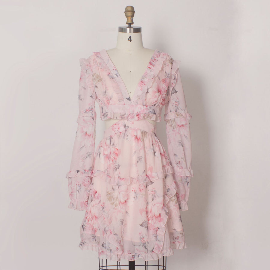 V-Neck Hollow-Out Ruffle Floral Dress