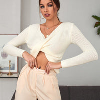 V-Neck Long Sleeves Solid Color Twist Front Knitted Top