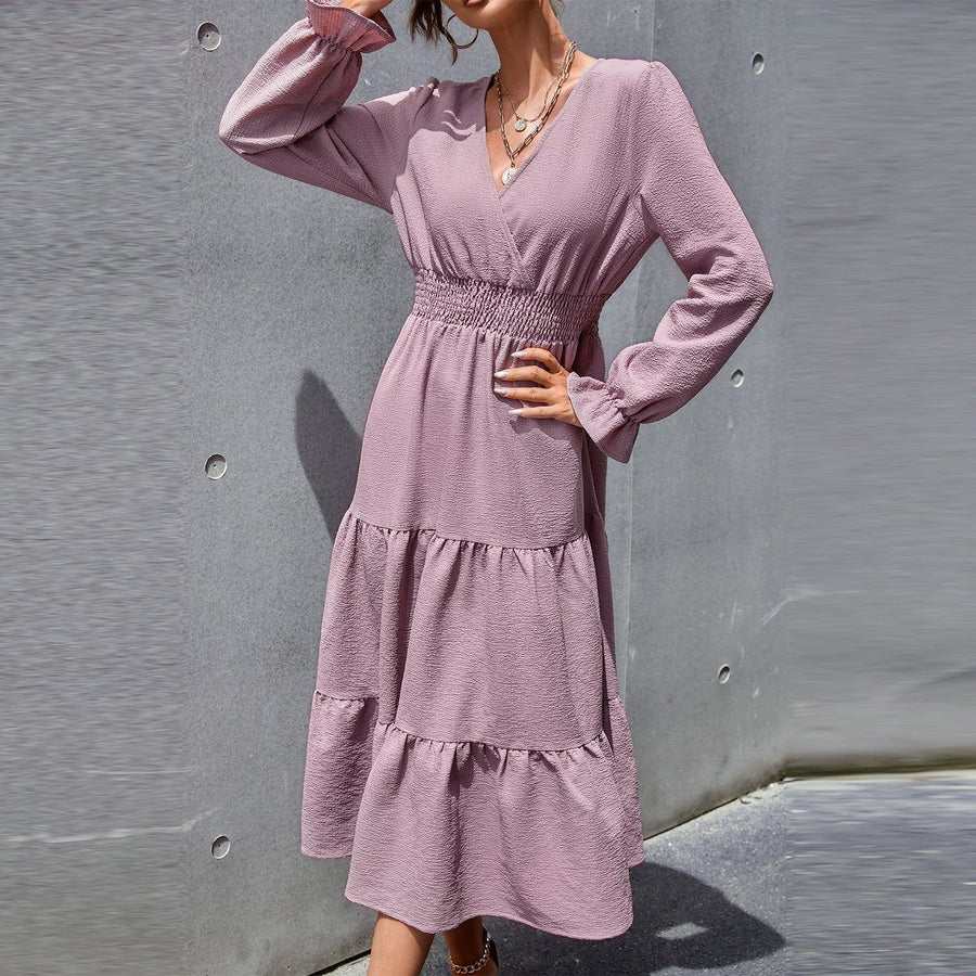 V-Neck Solid Color Tiered Midi Dress