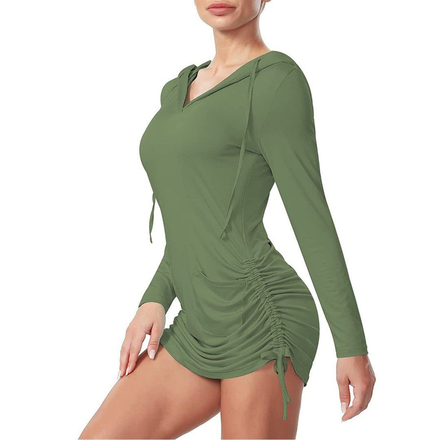 V-Neck Solid Drawstring Hooded Mini Dress