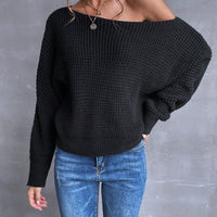 Waffle Solid Black Long Sleeve Sweater