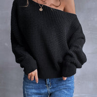 Waffle Solid Black Long Sleeve Sweater