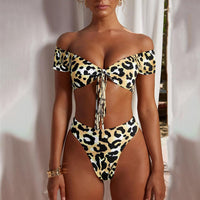 Wild Leopard Pattern Drawstring Front Tie Two-Pieces Swimsuit