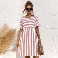 Women Vacation Bohemia Sweet Edgy Round Neck Short Sleeve Stripe Printed Ruffled Casual Loose Dress