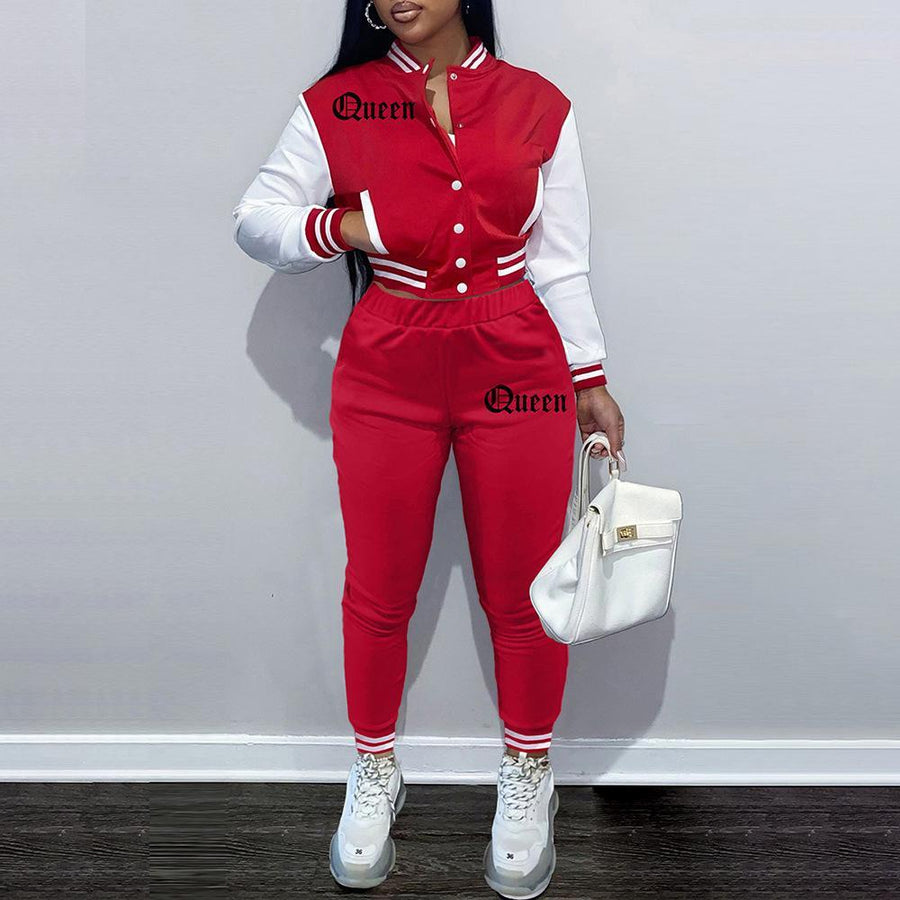 Women's 2 Piece Outfit Crop Baseball Jacket and Sweatpants