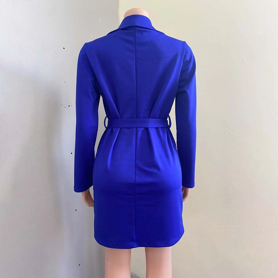 Women's 3/4 Sleeve Deep V Neck Belted Mini Blazer Dress
