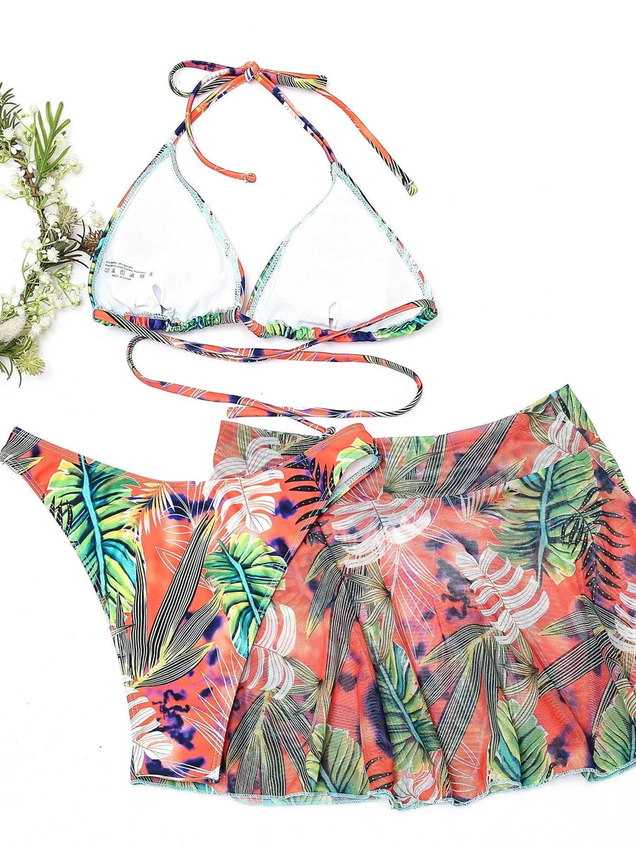 Women's 3 Piece Boho Print Halter Bikini Swimsuit With Skirts