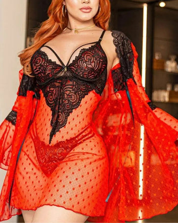 Women's 3 Piece See Through Lace Lingerie Cami Dress And Robe Set