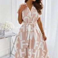 Women's Allover Print Button Front Belted A Line Dress
