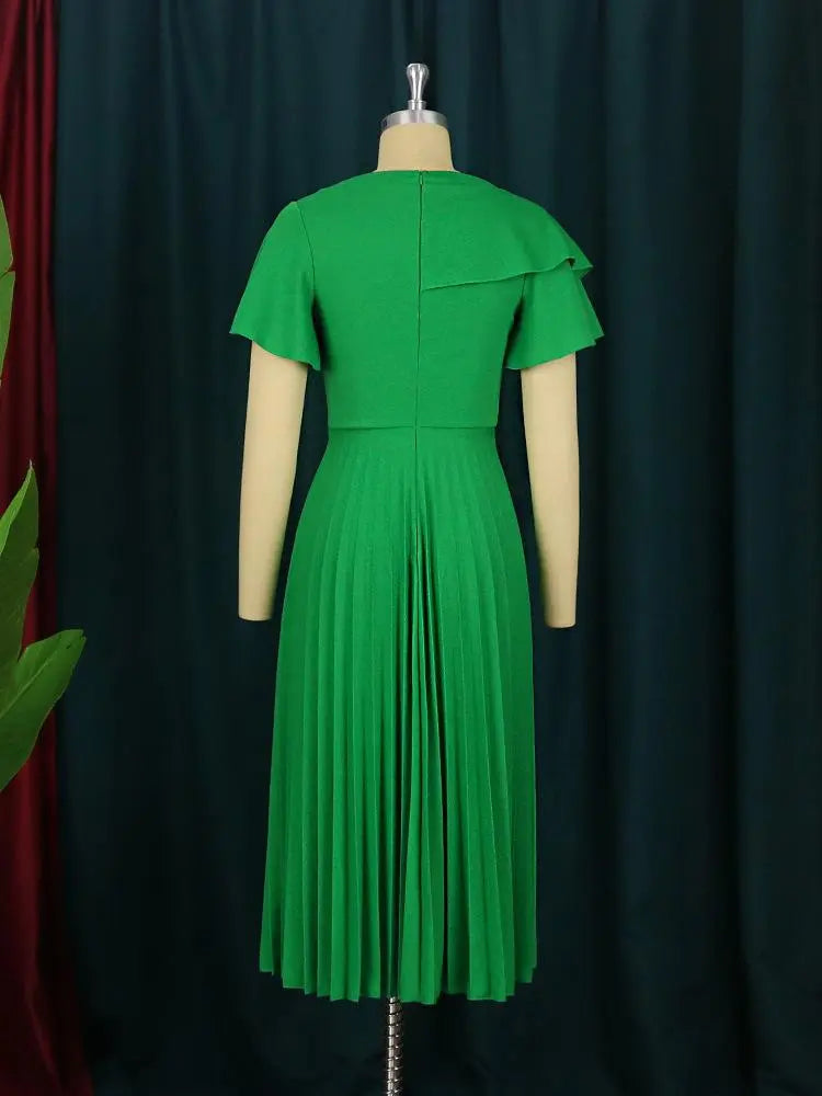 Women's Asymmetrical Sleeve Round Neck Pleated Midi Dress