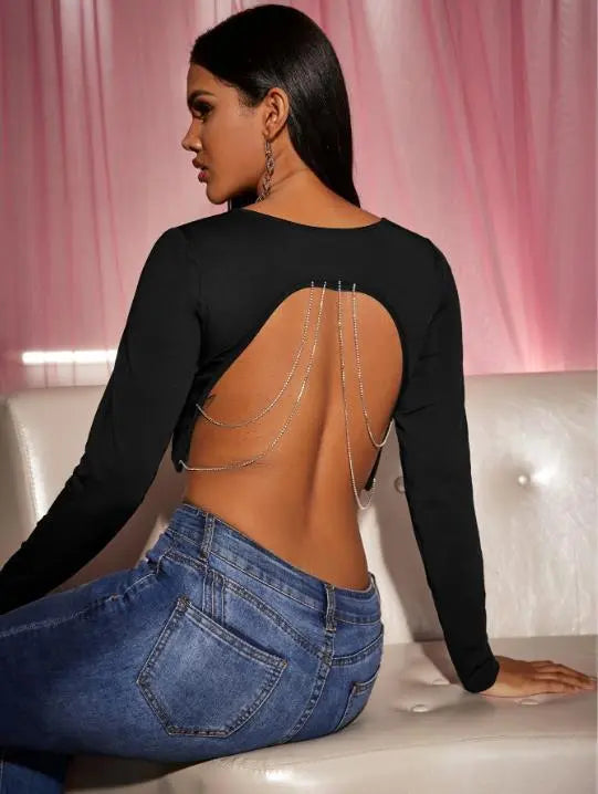 Women's Backless Chain Detail Long Sleeve Crop Tops