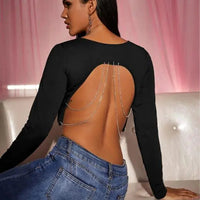 Women's Backless Chain Detail Long Sleeve Crop Tops