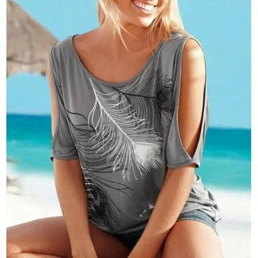 Women's Beach Feather Print Off Shoulder T-Shirt