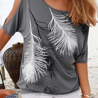 Women's Beach Feather Print Off Shoulder T-Shirt