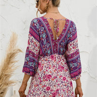 Women's Boho Floral Print 3/4 Sleeve V Neck Mini Dress