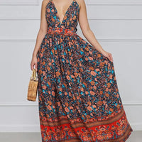 Women's Boho Floral Print Backless Deep V Neck A Line Maxi Dress