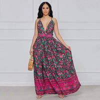 Women's Boho Floral Print Backless Deep V Neck A Line Maxi Dress