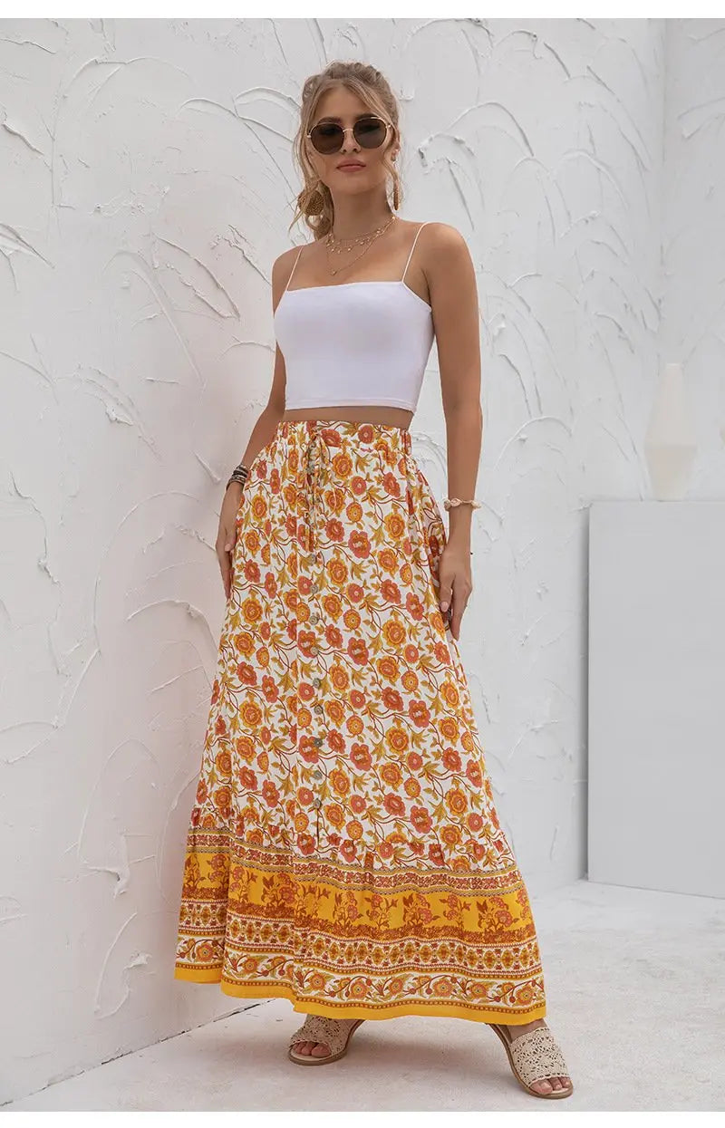 Women's Boho Floral Print Elastic Waist Button Front Split Maxi Skirts