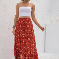 Women's Boho Floral Print Elastic Waist Button Front Split Maxi Skirts