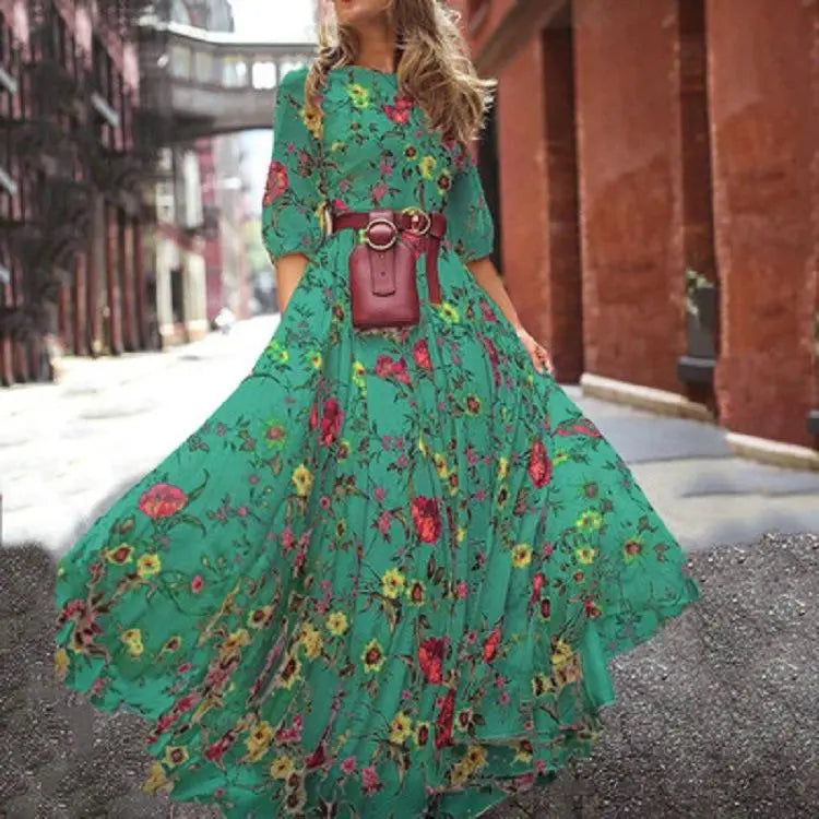 Women's Boho Floral Print Half Sleeve A Line Maxi Dress