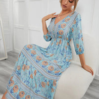 Women's Boho Floral Print Half Sleeve V Neck A Line Midi Dress
