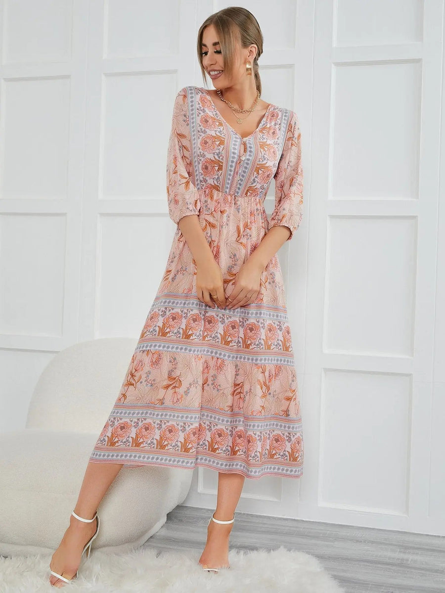 Women's Boho Floral Print Half Sleeve V Neck A Line Midi Dress